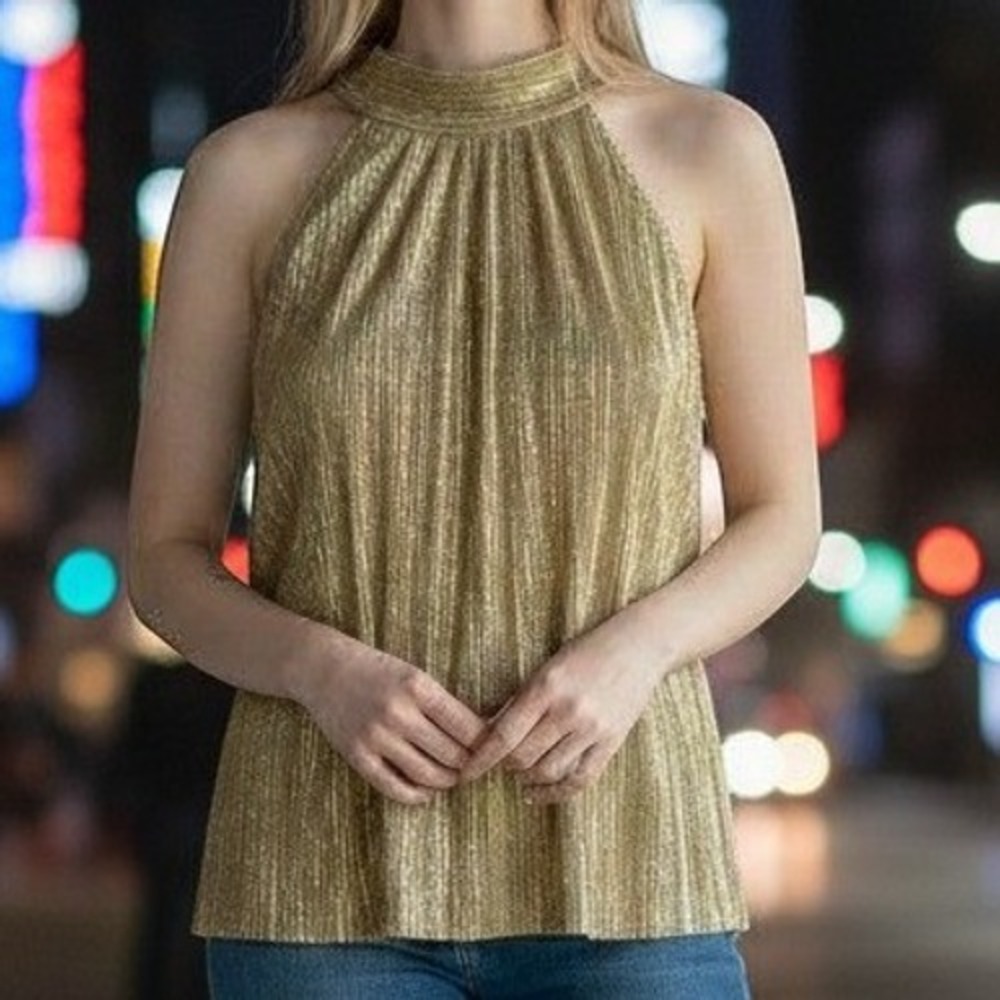 CeCe Halter Top Large Metallic Pleated Tie Back Sleeveless Gold Party Blouse